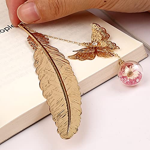 Toirxarn Metal Feather Bookmark, Back to School Teacher Gift for Women - color: Feather Gold - Pink Crystal With White Flowers