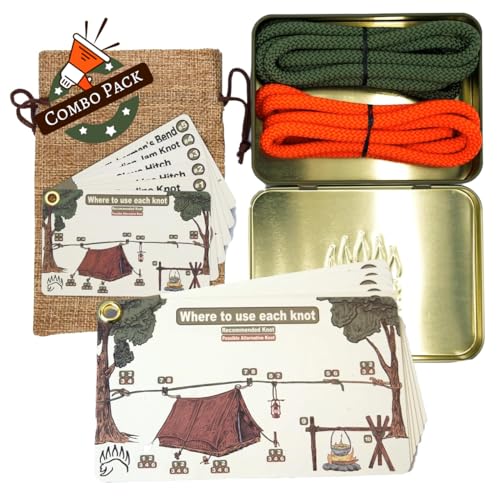 Knot Tying Kit | Camping & Outdoor Knots Edition - by The Bear Essentials Outdoors with Waterproof Knot Cards | for Survival, Camping, Backpacking, Hiking & Scouts - style: Regular + Large Cards Kit