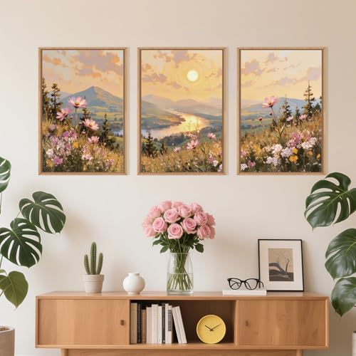 LHIUEM Large Boho Sunset Wildflower Framed Canvas Wall Art,Nature Pink Flower Wall Decor,Blossom Botanical Mountain Landscape Artwork for Living Room,Bedroom,Dining Room,Office -16"x24"x3 - color: Boho Sunset Wildflower Wall Art, size: 24"L x 16"W