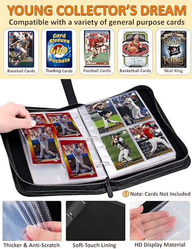 Soccer Card Binder 440 Pockets, 55 Sleeves Small Soccer Binder 3 Ring Zipper Trading Cards Holder 4 Pocket, Sport Card Collection Folder Book Storage Organizer, Album Case Protector Collector Gift - color: Magic-Green, size: 440 Pockets