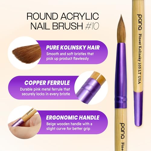 PANA Pure Kolinsky Hair Acrylic Nail Brush - Round Shape Purple Ferrule with Beige Wood Handle (Size 10) - color: Beige, size: Size 10