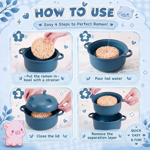 Large 45oz Cute Pig Ramen Bowl Set Microwavable Cooker, Dark Blue - color: Dark Blue