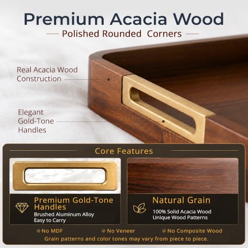 100% Acacia Wooden Serving Tray with Gold-Tone Aluminum Handles