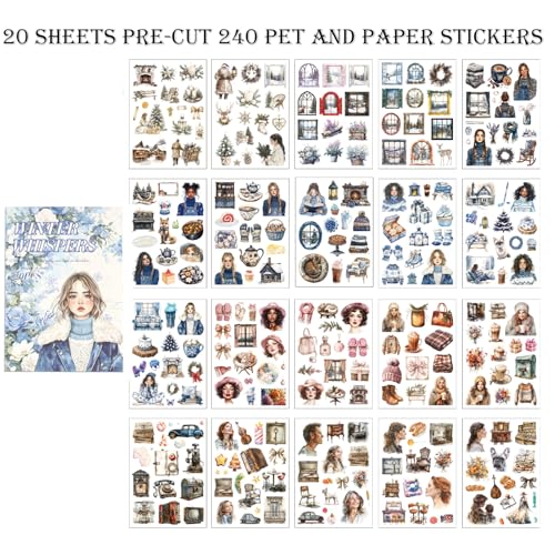 Winter Scrapbook Stickers 20 Sheets 240 Pre-Cut Washi Stickers for Journaling PET Transparent Book Sticker Decorative or DIY Paper Crafts, Arts and Crafting Projects - color: Winter Whispers