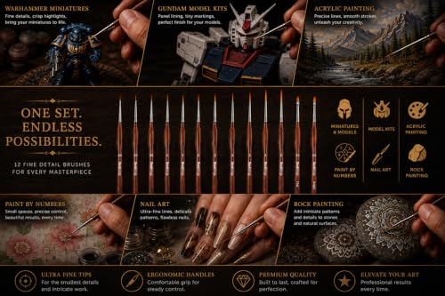 Detail Paint Brush Set, Rock Ninja 12pcs Thin Brushes for Fine Detailing & Art Painting - Acrylic,Watercolor, Oil Miniatures, Scale Models, Airplane Kits, Nail, Line Drawing - color: Brown