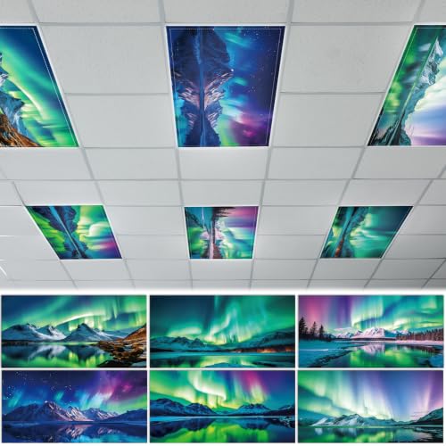 6 Pack Fluorescent Light Covers with 60 Magnets Decorative for Classroom Ceiling Lights 4 x 2 Feet Magnetic Light Covers Filter Easy Install for Office Home Hospitals Drop Ceiling Supply (Blue Aurora) - color: Blue Aurora