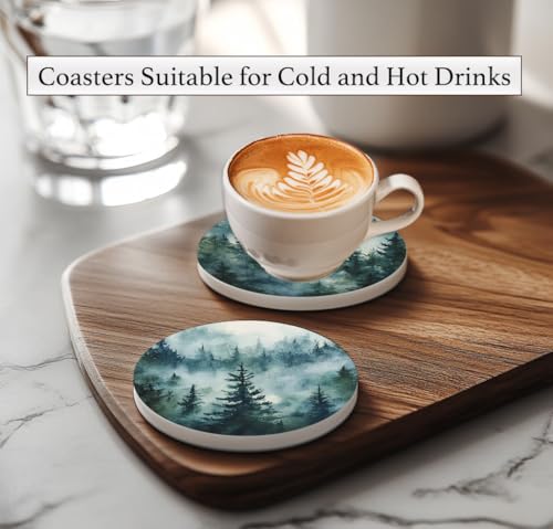 Nikyi 6 Pcs Green Forest Ceramic Absorbent Coasters, Round Drink Coaster with Metal Holder & Cork Base, Watercolor Misty Forest Coasters for Coffee Table Kitchen Bedroom Living Office Home Decor Gifts - color: Green Forest