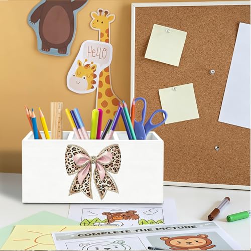 Coquette Pink Leopard Bow Pen Holder for Desk, Preppy Girly Pencil Organizer, Trendy Cheetah Print Bow Wooden Box Sign Desk Decor for Girls Bedroom Dorm Home Office Decoration - color: Leopard Bow
