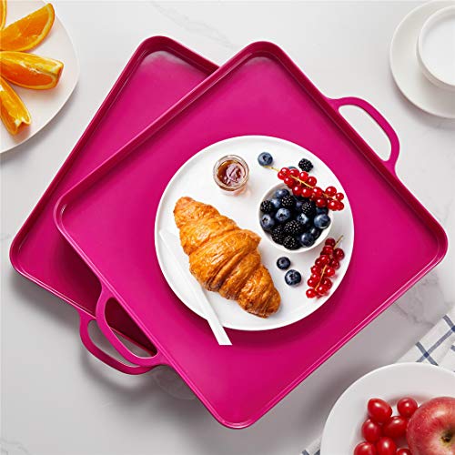 Square Serving Trays with Handles Melamine Hot Pink 12.5x12.5 Inch Spill Proof Kitchen Eating Trays Set of 2 for Cafeteria Cafe Food Appeizer Dessert Snack Dinner Lunch Breakfast,TR12-02 - color: Rose Red