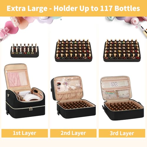 Extra Large Nail Polish Organizer Holds 117 Bottles - Three Layer Nail Organizers And Storage Bag, Portable Nail Supplies Organizer Case, Nail Tech Kit Travel Carrying Box with Shoulder Strap - color: Black, size: 117 Slots