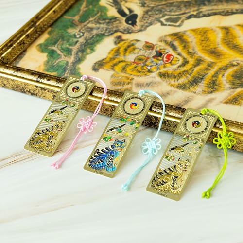 Korean Bookmark Set 3 Pack with Tassels Blue and Gold Metal Page Holder Reading Accessories for Book Lovers Cute Bible Bookmark Gift 1x3 Inch (Gold Tiger) - color: Gold Tiger