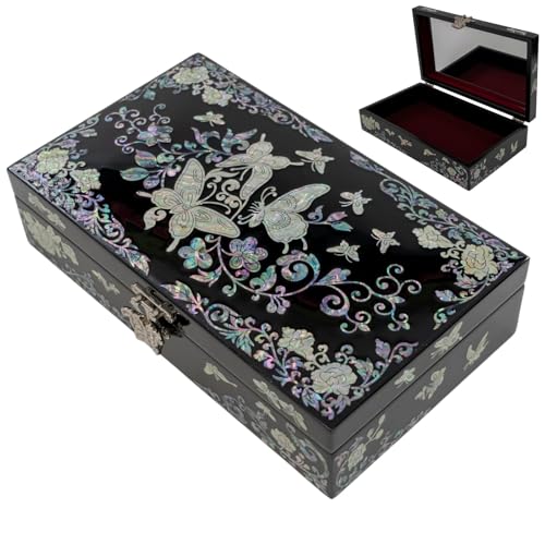 February Mountain Mother of Pearl Jewelry Organizer box - Handmade Large Wooden Box Romantic Anniversary Birthday Gifts for women (Butterfly Floral) - style: Butterfly Floral
