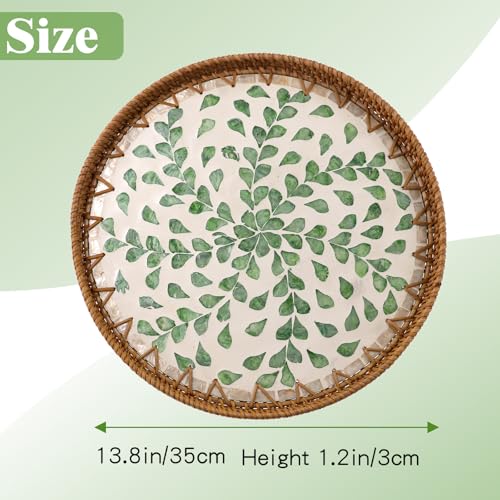 13.8" Round Mother of Pearl Inlay Green Willow Decor Rattan Serving Tray - color: Green Willow