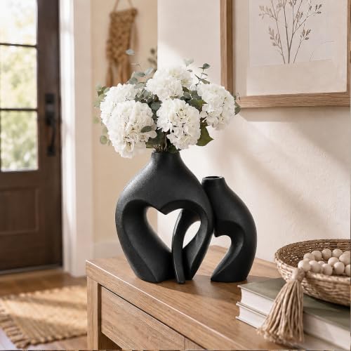 Modern Ceramic Flower Vases Home Decor Heart Shaped Vase Set of 2 Black - color: Black