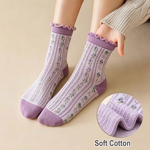 DXYAKY 5 Pairs Womens Floral Cotton Socks Vintage Patterned Crew Socks Novelty Ankle Ruffled Warm Casual Dress Socks - color: 5 Pairs - Colorful Floral