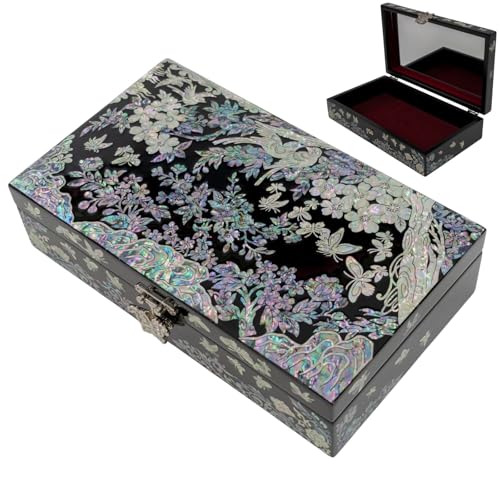 February Mountain Mother of Pearl Jewelry Organizer box - Handmade Large Wooden Box Romantic Anniversary Birthday Gifts for women (Butterflies and birds in the forest) - style: Butterflies and birds in the forest