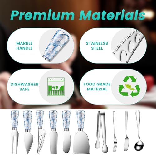 Marble Blue Cheese Knife Set, Ceramic Handle Charcuterie Board Accessories Butter Spreader Slicer Knife With Serving Tongs, Spoons, Forks, Flags Markers, Wooden Honey Dipper - color: Marble Blue