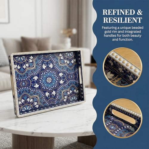 Boho Serving Tray with Handles, Large Rectangular Decorative Ottoman Tray with Gold Beaded Rim, Blue Floral Mandala Design, for Coffee Table, Kitchen Counter, Vanity, 15.7”x11.8” - color: Blue&floral