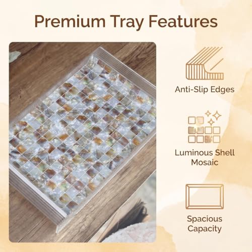 Decorative Tray with Pearlescent Design，Multifunctional Acrylic Serving Tray with Handles，15" Mother of Pearl Tray for Coffee Table, Nightstand,Ottoman or Living Room