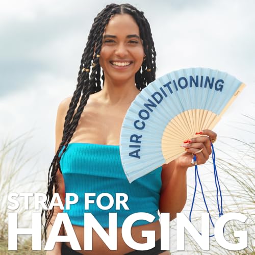 Fisura – Original folding fan with message “Air Conditioning”. Wooden handheld fan for women. Lightweight accessory for raves, weddings, parties, birthdays, festivals and unique gift ideas. - color: Air Condiditioning, Blue