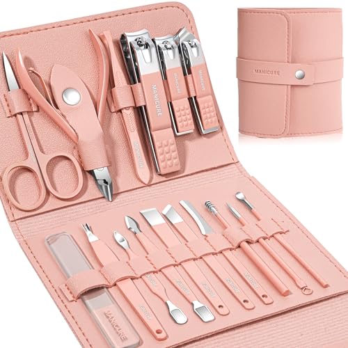 Manicure Set Professional Nail Clippers Pedicure Kit,16 pcs Stainless Steel - color: Pink
