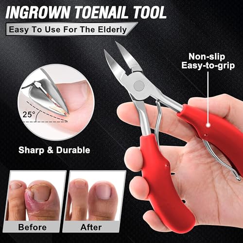 Podiatrist Toenail Clippers for Seniors Thick Toenails, Professional Pedicure Tools Kit, Toe Nail Clippers Adult Thick Nails Long Handle, Ingrown Toenail Tool Removal Kit for Seniors, Men, Pedicure - color: Red