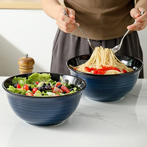 HASENSE Ceramic Serving Bowls, 9 Inch Large Salad Bowls for Kitchen, 84 Ounce Mixing Bowl Set of 2, Ideal for Soup Pho Pasta Popcorn, Dishwasher & Microwave Safe(Blue) - color: Blue, size: 84 Ounce