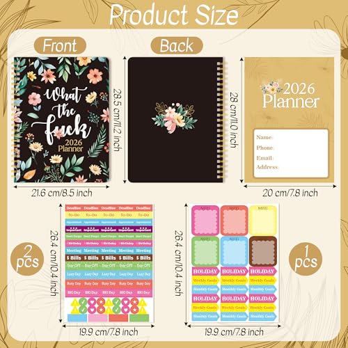 Xqumoi 2026 A4 Planner - What The Fuck Weekly and Monthly Planner Floral Writing Notebooks, Jan. 2026 - Dec. 2026, Hardcover Calendar with Tabs Stickers Back Pocket Twin-Wire Binding - color: Wildflower 2026, size: A4