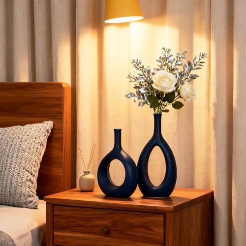 Navy Blue Ceramic Hollow Elliptical Vase Set of 2 - Boho Circle Vase with Hole, for Modern Navy Blue Table Decor, Living Room Decor Shelf mid Century Modern Home Entrance Decorative vase - color: Navy Blue