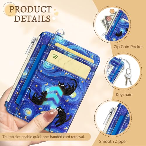 Kelvoris Credit Card Holder Small Wallet Women, Slim RFID, Blue Black Cat - color: Black Cat Star Night