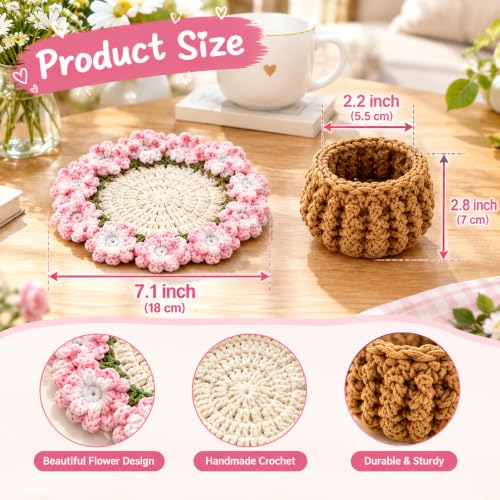 Flower Crochet Coasters Set, Handmade Bouquet Coaster with Crochet Plant Pot, Cute Drink Coasters for Desk Coffee Table, Foldable Decorative Coasters for Home Office Decor Gift (Pink) - color: Pink