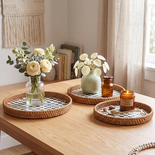 3 Pack Round Rattan Tray with Mother of Pearl Inlay Rattan Serving Tray for Coffee Bread Fruits Decorative Wicker Serving Platter for Table Home Kitchen Decor Black Checkerboard Style, 3 Size - color: Black Checkerboard, size: 3 Size