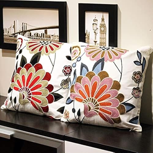 Embroidered Red and Pink Throw Pillow Covers,18x18 Floral Farmhouse Decor Pillows, Set of 2 Cozy Boho Accent Cushion Case for Couch & Sofa, Home Decorative Pillow Cases for Bed Room - color: Flower Red and Pink