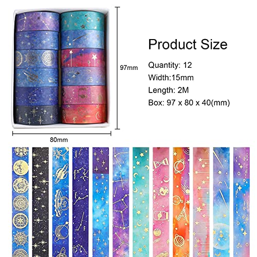 Galaxy Purple Washi Tape - Gold Foil Washi Masking Tape with Constalation, Blue Sky, Moon, Star, Celestial, Perfect for Bullet Journal, DIY Crafts