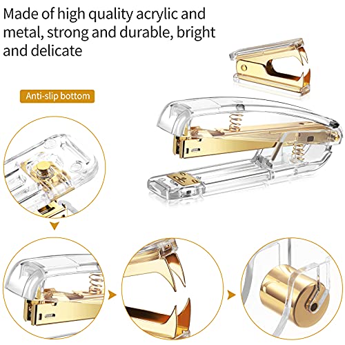 Office Supplies Set Desk Accessory Kit, Acrylic Stapler Set Staple Remover, Tape Dispenser, Binder Clips, Paper Clips, Ballpoint Pen and Scissor with 1000 Pieces 26/6 Staples (Gold) - color: Gold