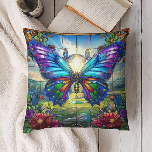 Butterfly Stained Glass Pillow Covers Colorful Flower Butterfly Floral Vintage Home Decor Sofa Bedroom Cushion Outdoor Indoor Decorations 16 "x16 - color: Butterfly-2, size: 16" x 16" (Pack of 2)