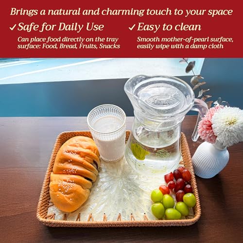 Rattan Tray Rectangle with Mother of Pearl – Unique Decorative Rattan Serving Tray for Food, Bread, Fruits, Snacks & Organizing Bathroom, Coffee Table – Christmas & Housewarming Gift (White 13.3"x9.4) - color: White 13.3"