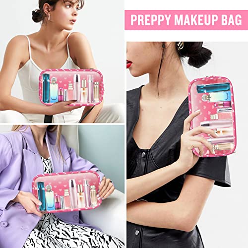 Small Clear Travel Makeup Organizer Bag for Purse, Preppy Makeup Bag Cute Cosmetic Zipper Pouch Purse, Transparent PVC & Nylon Waterproof Makeup Brush Bag Toiletry Storage for Women Girls(Pink Heart) - color: Pink Heart-Clear, size: Small