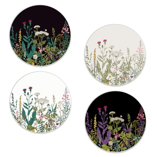 Drinks Coasters Set of 4, Spring Wildflowers Round 4" Cup Coasters, Absorbent Ceramic Stone Coasters with Cork Base, Cute Coasters for Table Home Décor, Ideal Gifts for Women Men - color: Spring Wildflowers