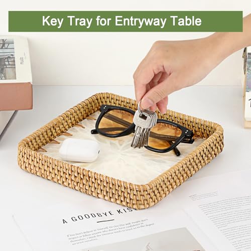 Small Wicker Tray, Handwoven Rattan Key Basket for Entryway Table - color: White, size: 8.3" x 8.3" x 1.6"