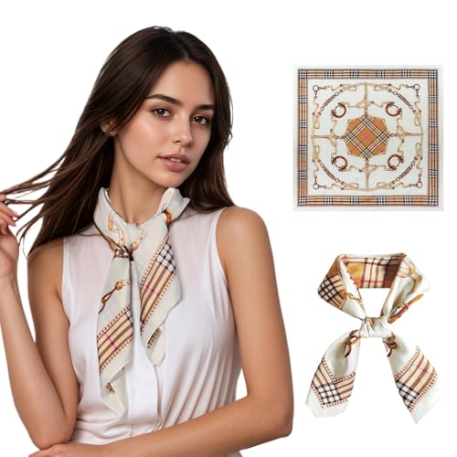 Seawhisper Premium Printed Satin Silk-Like Neck Scarf for Women Square 26" - color: Khaki