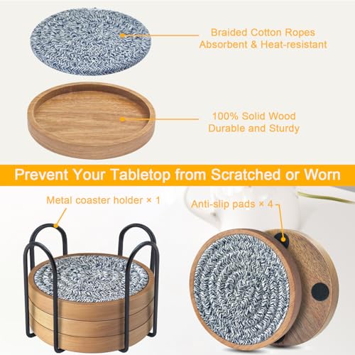 Wood Coasters for Drinks, Eykao Absorbent Coaster Sets of 5, Woven Drink Coasters for Coffee Table, Housewarming Gift for Farmhouse Home Decor,4 inches - color: Mixed Blue (With Holder)