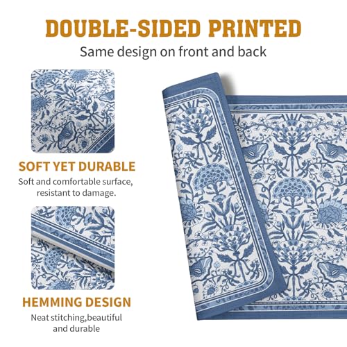 Blue Floral Boho Placemats Set of 4, 12x18 Inch Vintage Chinoiserie Block Print Place Mats Seasonal Spring Summer Rustic Farmhouse Table Mats for Party Kitchen Dining Outdoor Indoor Decor - color: Boho Floral Blue