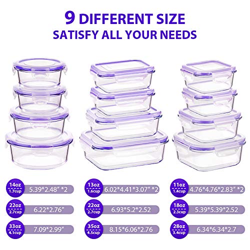 24pc Glass Food Storage Containers, Locking Lids，Glass Meal Prep Containers - color: Purple