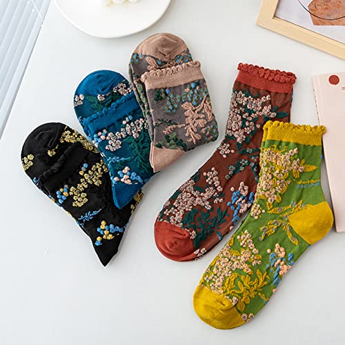 DXYAKY 5 Pairs Womens Floral Cotton Socks Vintage Patterned Crew Socks Novelty Ankle Ruffled Warm Casual Dress Socks - color: 5 Pairs - Pattern 1