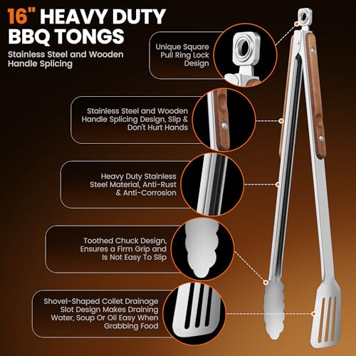 16-Inch Grilling Tongs,Extra Long BBQ Tongs Barbecue Tong with Wood Handles