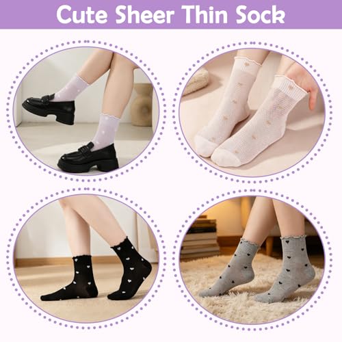 Ruffle Bow Polka Dot Heart Cotton Crew Socks for Womens - color: Black, Pink, Purple,white