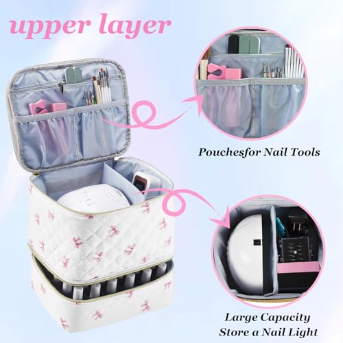 PU Leather Nail Polish Organizer and Nail Lamp Case, Nail Kit Organizer Holds 30+ Bottles (15ml - 0.5 fl.oz) and a Nail Lamp, Nail Polish Carrying Case with Manicure Tools Storage Sections (Pink Bow) - color: Pink Bow