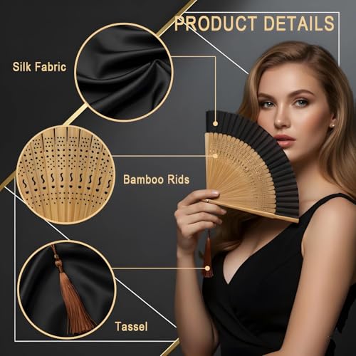 Lysa Hand Fan for Women Foldable - Portable Folding Japanese Chinese Fan - for Hot Flashes, Summer Cooling, Festivals, Church, Dancing (Bamboo Black) - color: Bamboo Black