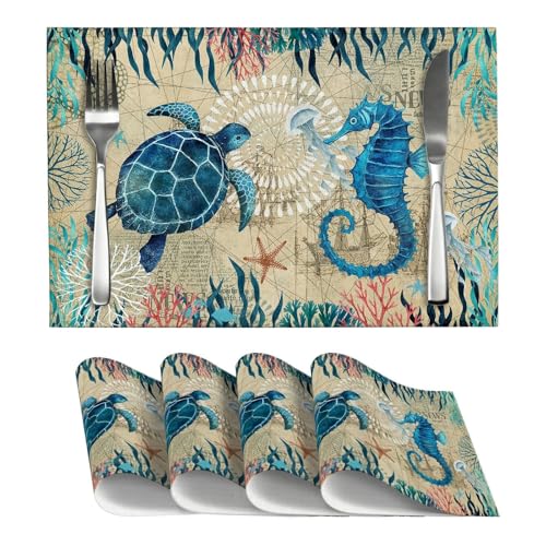 Nautical Placemats Set of 4, Ocean Coast Beach Theme Washable Non-Slip Heat Resistant Place Mats, Sea Turtle Seahorse Summer Linen Decoration Dinner Mat for Kitchen Dinner Party Decor - color: Ocean